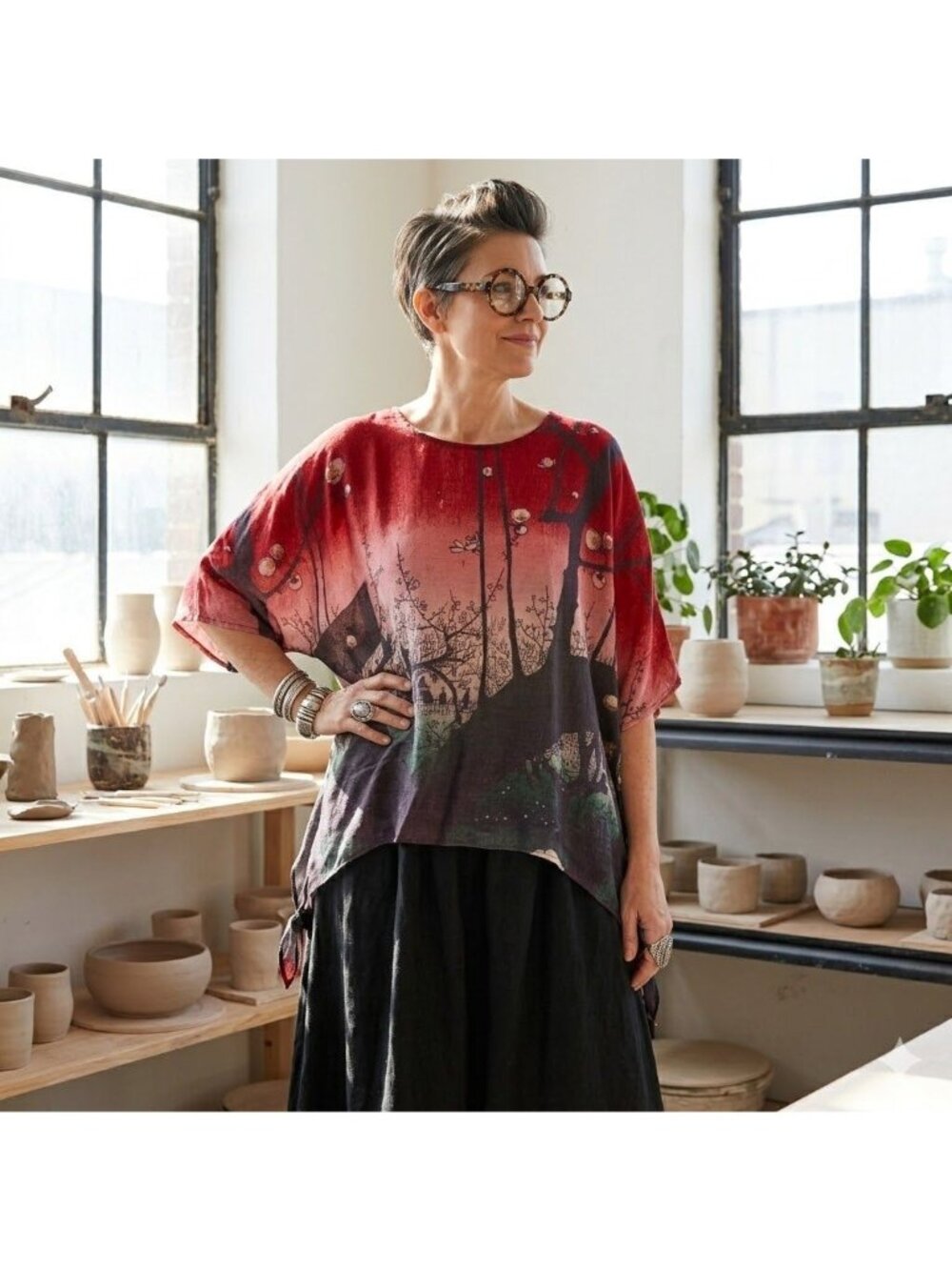 Cocoon House 100% Wool Blouse Top S/M Oversized Lagenlook Japanese Art Woodblock